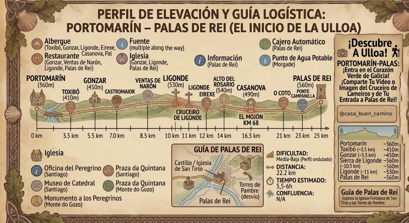 Perfil de elevación y guía logística de la etapa Portomarín a Palas de Rei: Cruceiro de Lameiros y Sierra de Ligonde