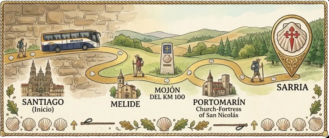 Ilustración de la ruta en autobús de Santiago de Compostela a Sarria, pasando por Melide y Portomarín, con iconografía del Camino de Santiago.