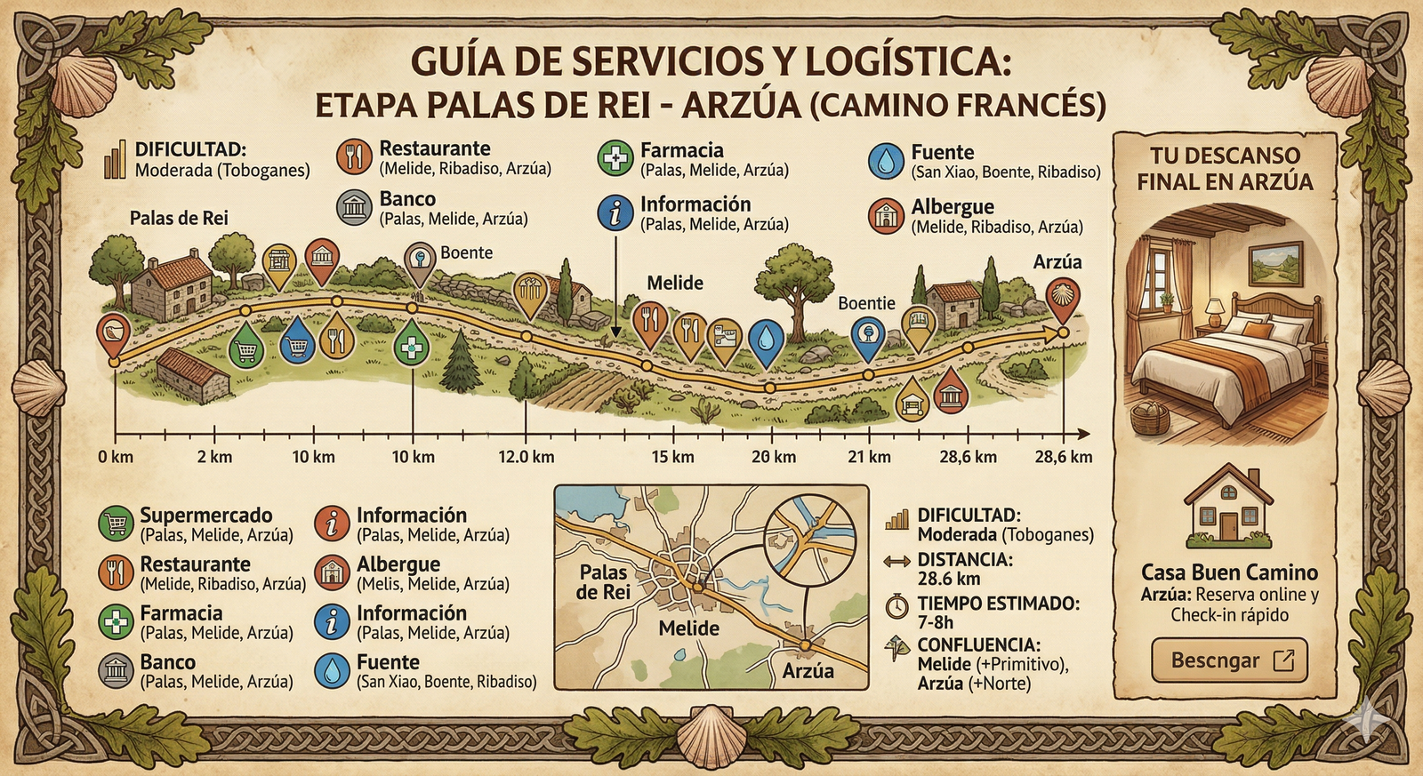 Infograma detallado de la etapa Palas de Rei a Arzúa para Casa Buen Camino