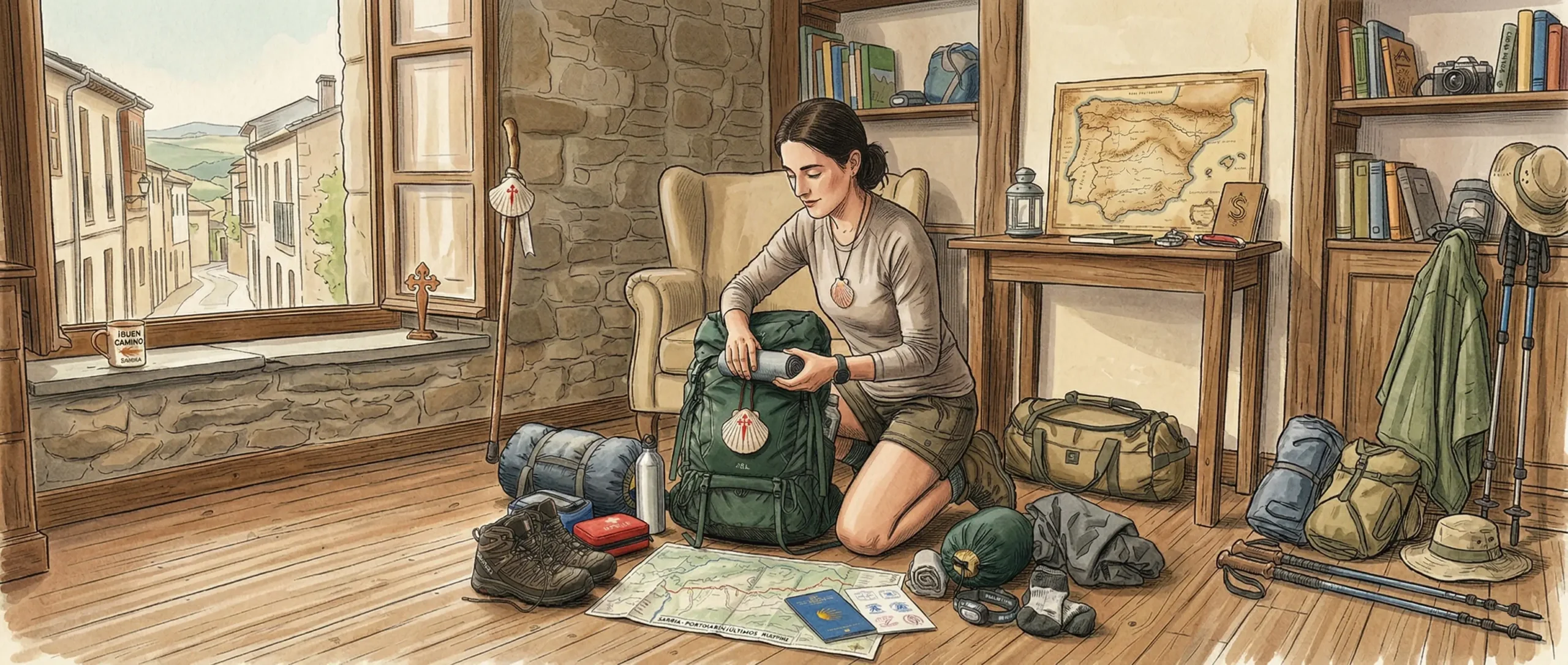 Ilustración panorámica de una peregrina preparando su mochila para el Camino de Santiago en una habitación rústica con vistas a un pueblo gallego.