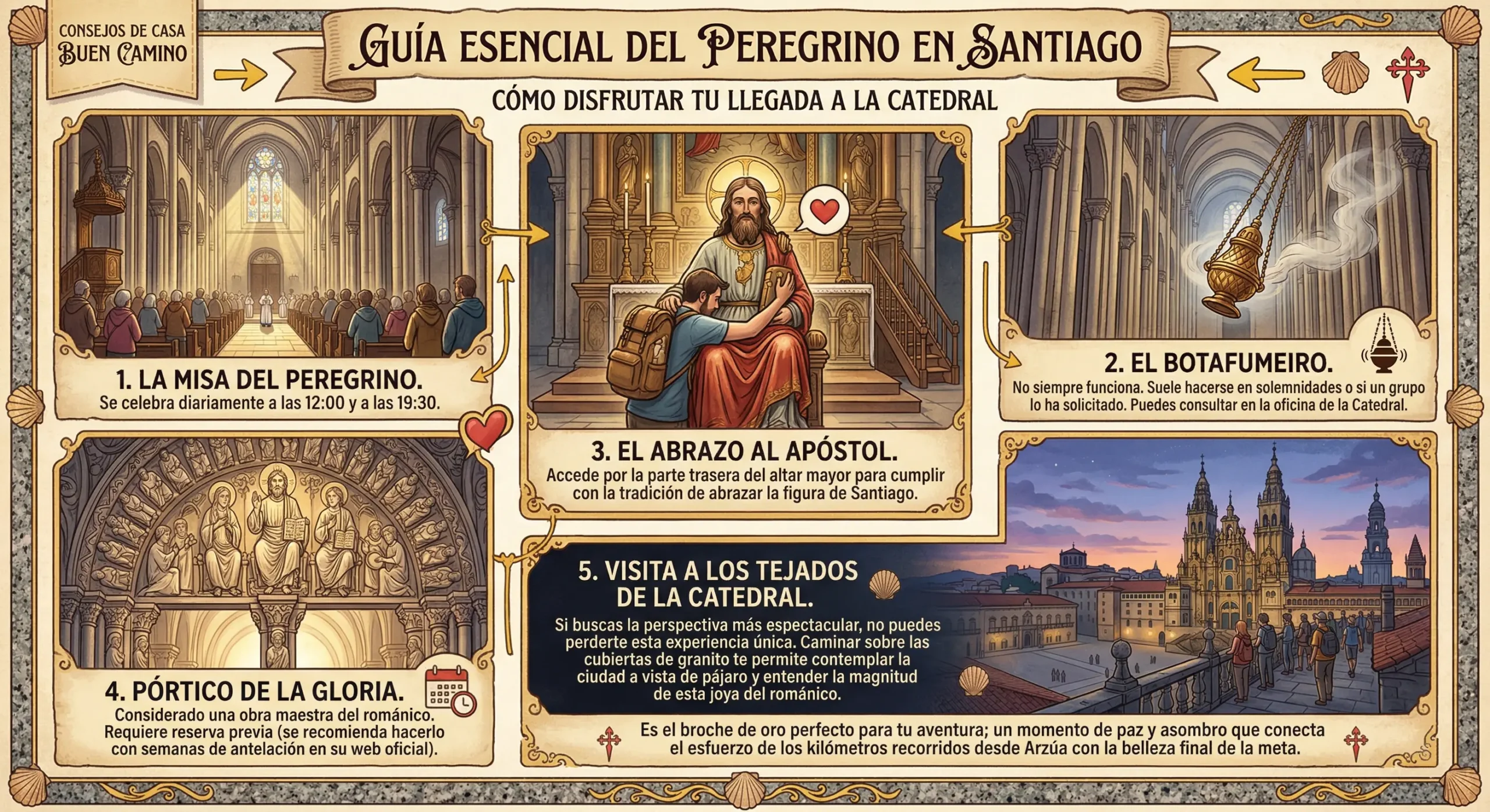 Infografía ilustrada titulada 'Guía Esencial del Peregrino en Santiago' por Casa Buen Camino, que detalla cinco paradas imprescindibles en la Catedral: 1. La Misa del Peregrino, 2. El Botafumeiro, 3. El Abrazo al Apóstol, 4. El Pórtico de la Gloria y 5. La Visita a los Tejados de la Catedral, con consejos e ilustraciones.
