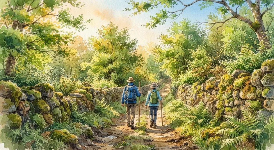 Illustrazione ad acquerello di due pellegrini che camminano lungo un sentiero tra muri di pietra coperti di muschio e felci sul Cammino Francese