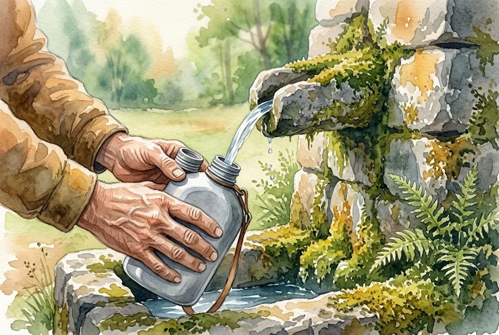 Ilustración en acuarela de un peregrino llenando su cantimplora en una fuente de piedra con musgo