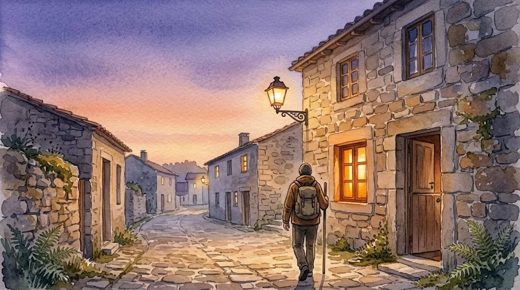 Watercolour illustration of a pilgrim arriving at dusk in a stone village with a lit street lamp